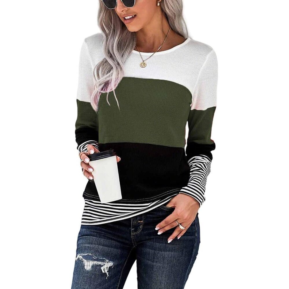Women's Color Block Waffle Long Sleeve T Shirts Casual Comfy Tops